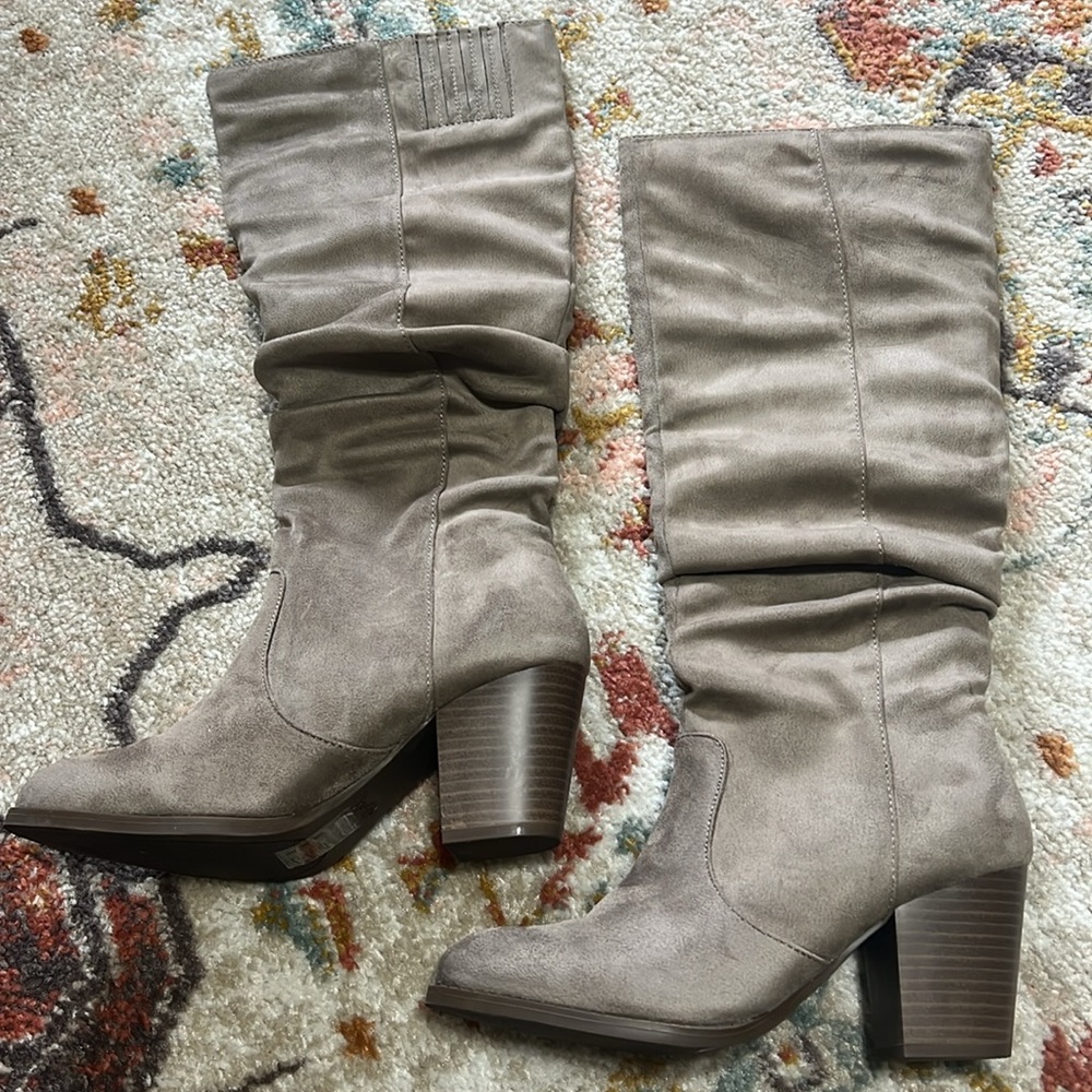 Women over the Calf Taupe Suede Boots with Low Heels NWT
